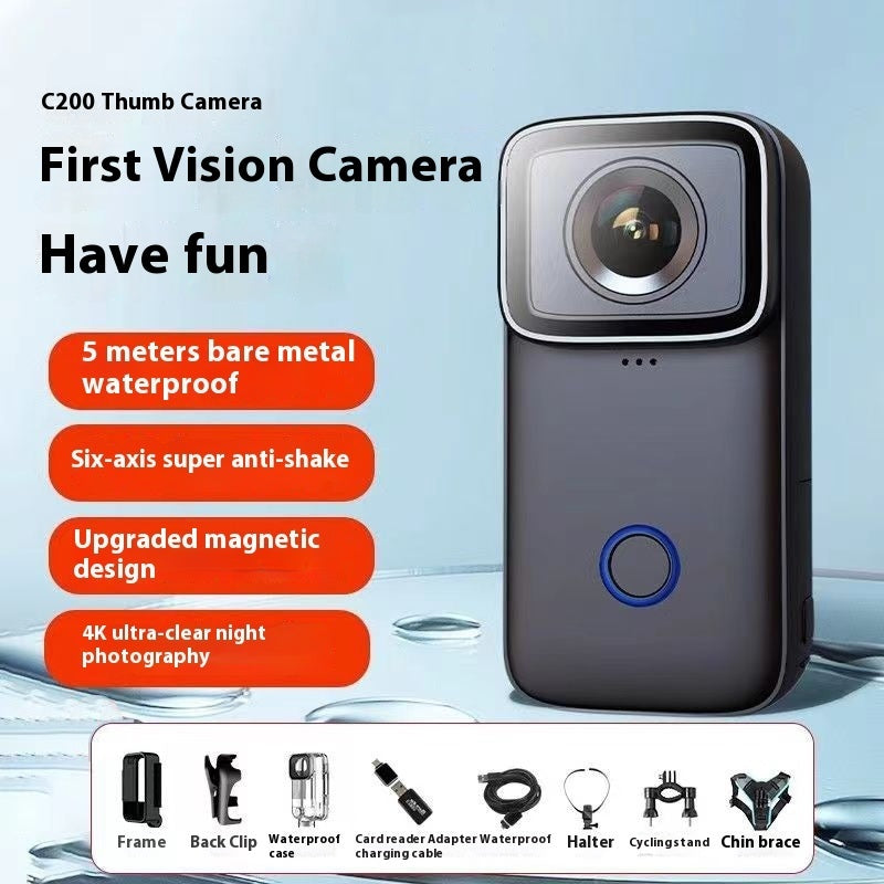 C200 Thumb Camera anti-shake HD action cam in black with blue ring button with accessories on Tampa Home & Garden Store