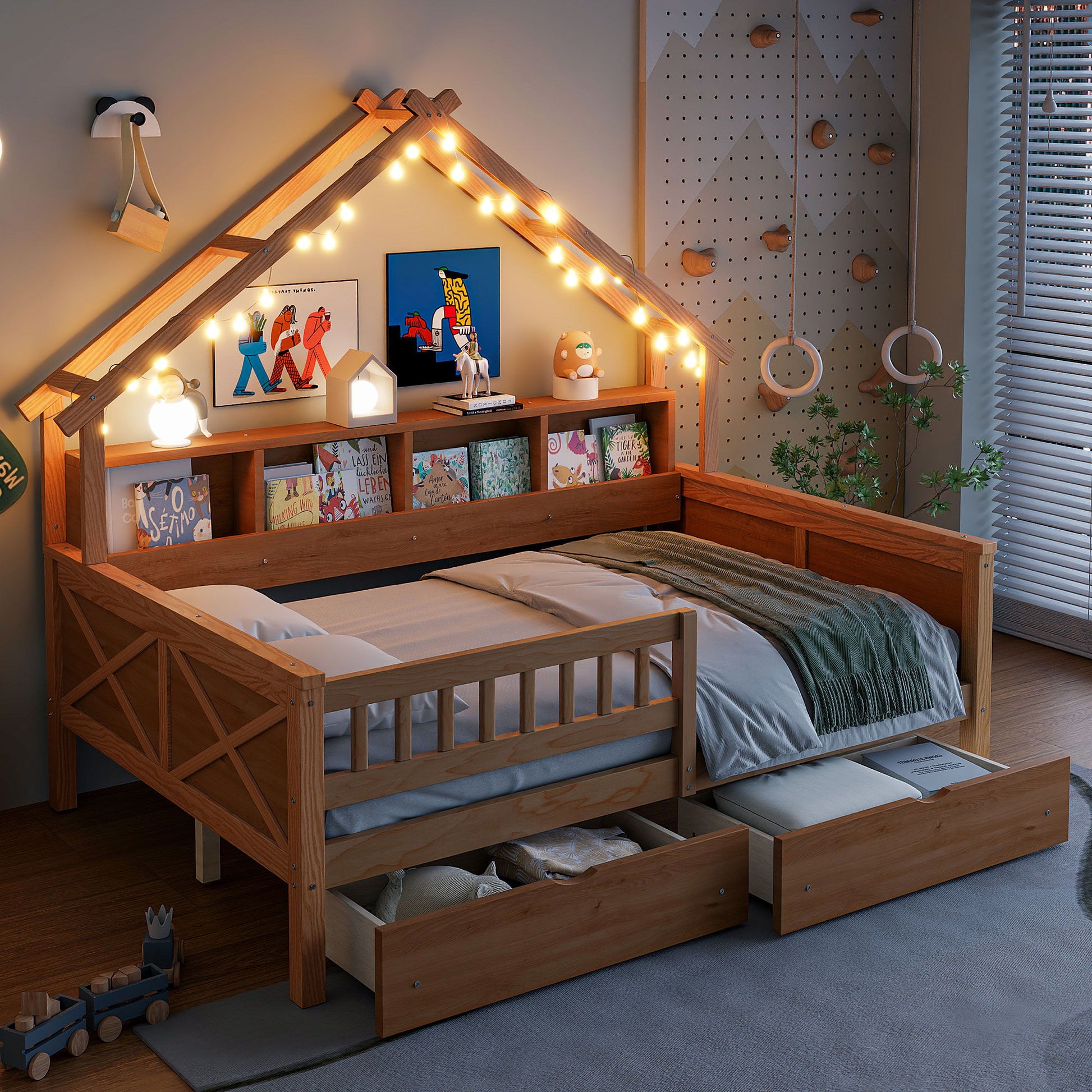 Natural wood storage bed with guardrails, under-bed drawers and open shelves, LED-lit frame on Tampa Home & Garden Store