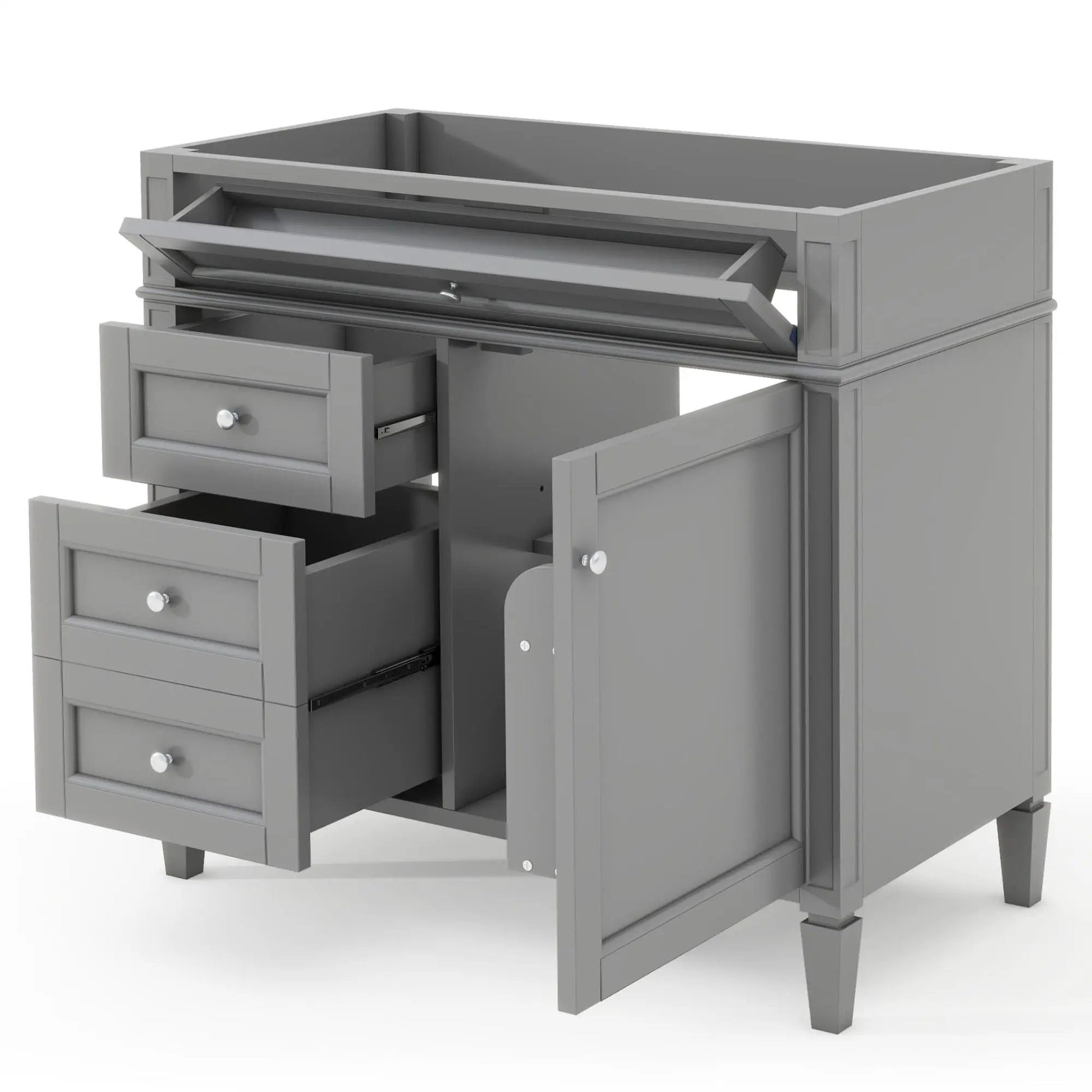 Bathroom vanity base with 2 drawers and a tip-out drawer in gray finish storage cabinet on Tampa Home & Garden Store