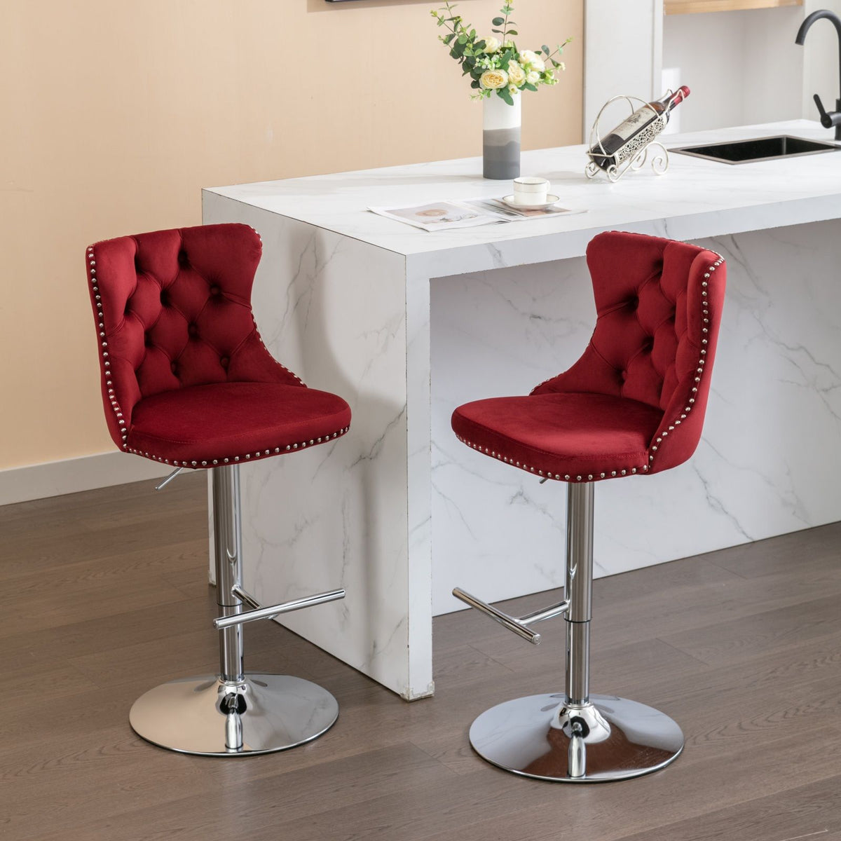 Swivel adjustable height barstools with red tufted seats and chrome bases, set of 2 on Tampa Home & Garden Store
