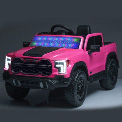 12V Kids Ride-On Car pink front view with LED headlights, black grille and chunky tires on Tampa Home & Garden Store