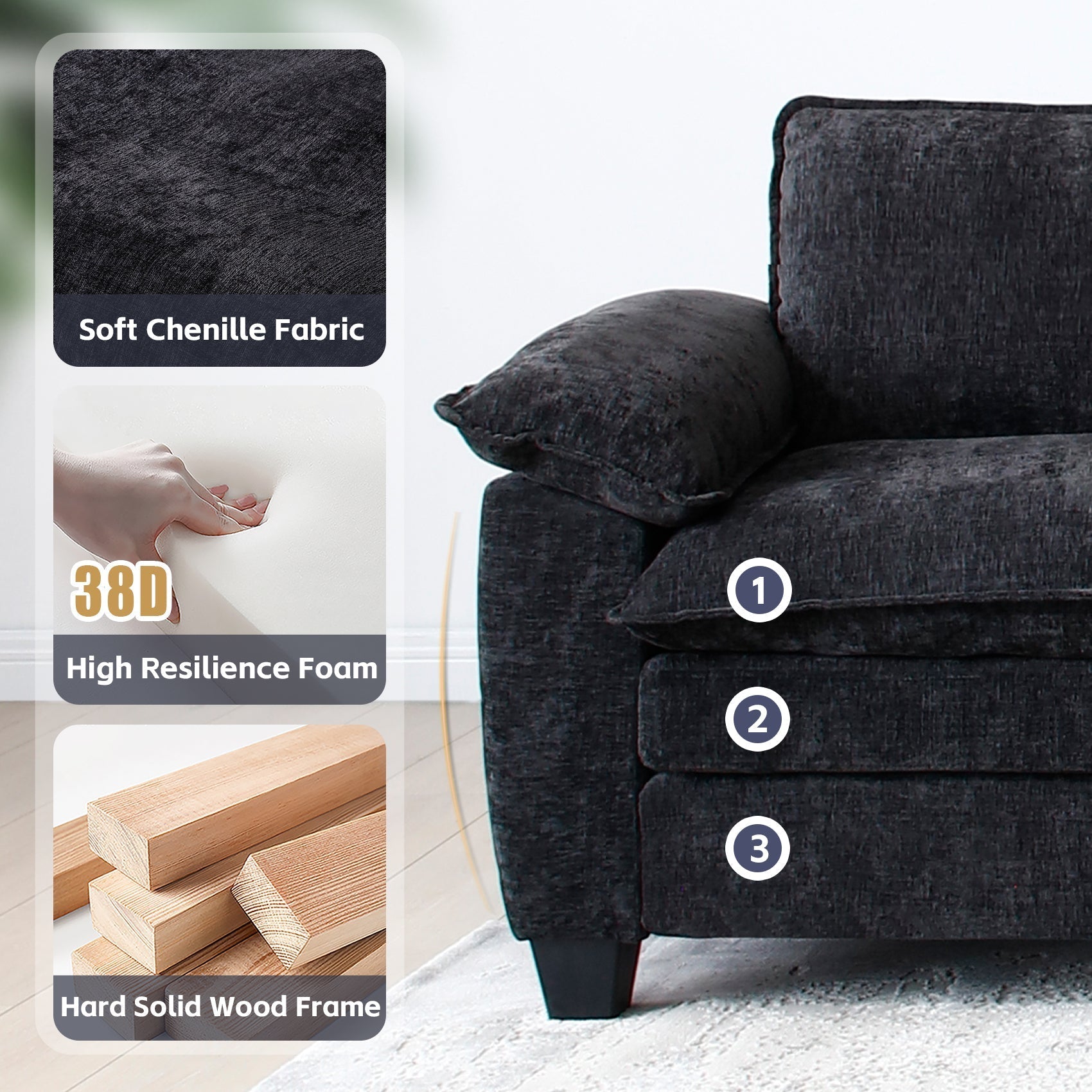 Big black loveseat in soft chenille fabric with wood frame on Tampa Home & Garden Store