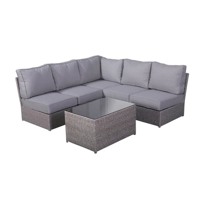 Comfortable modern patio rattan sectional set with gray cushions and brown wicker coffee table on Tampa Home & Garden Store