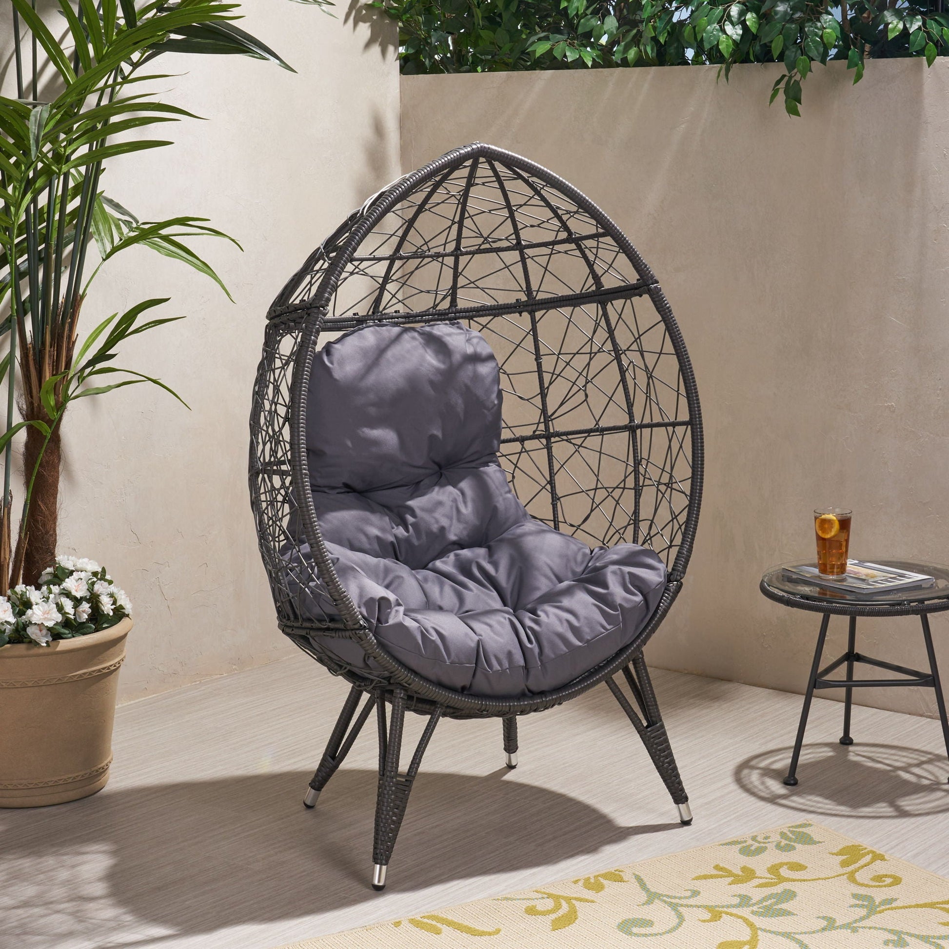 Cosmos Round Hammered Iron Teardrop Chair with gray cushion, outdoor accent by HouseOfZazla on Tampa Home & Garden Store