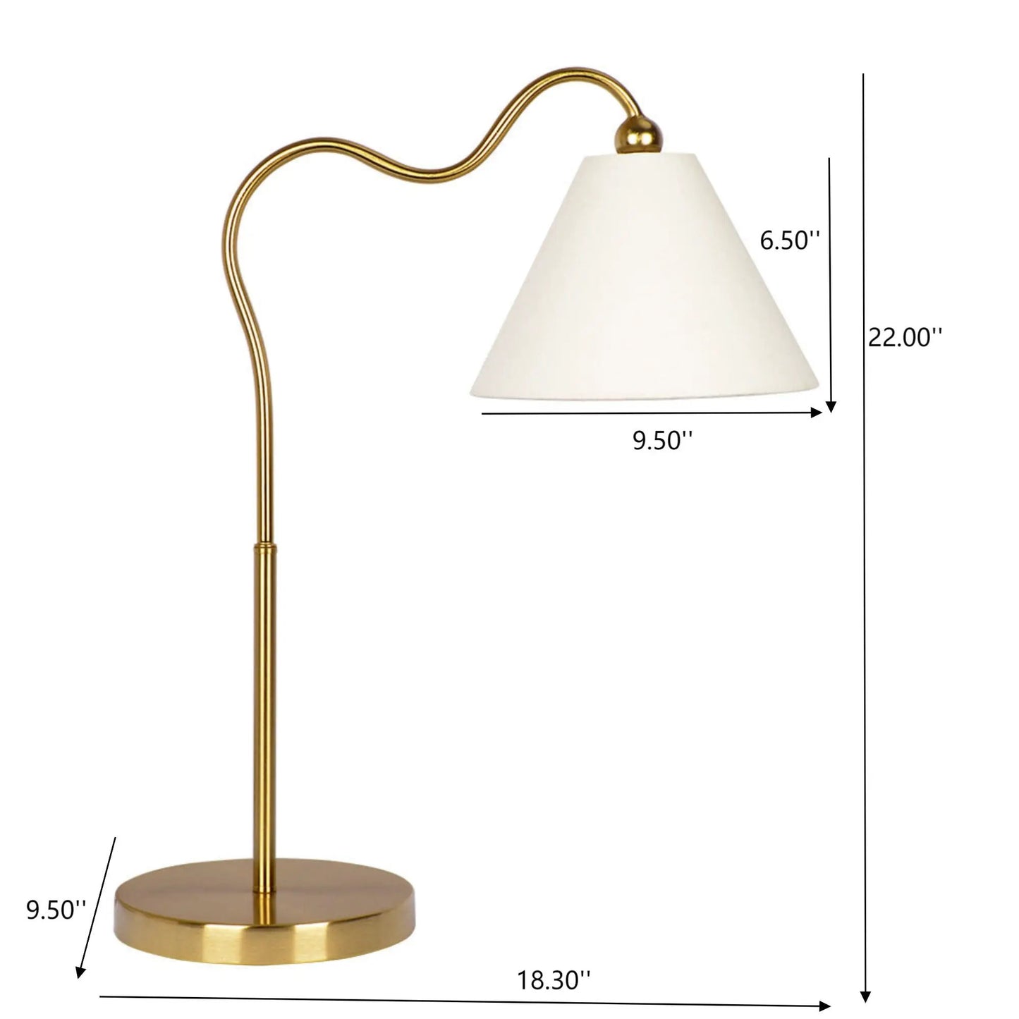 Ornate ring-base curved table lamp in gold with white triangle drum shade on Tampa Home & Garden Store