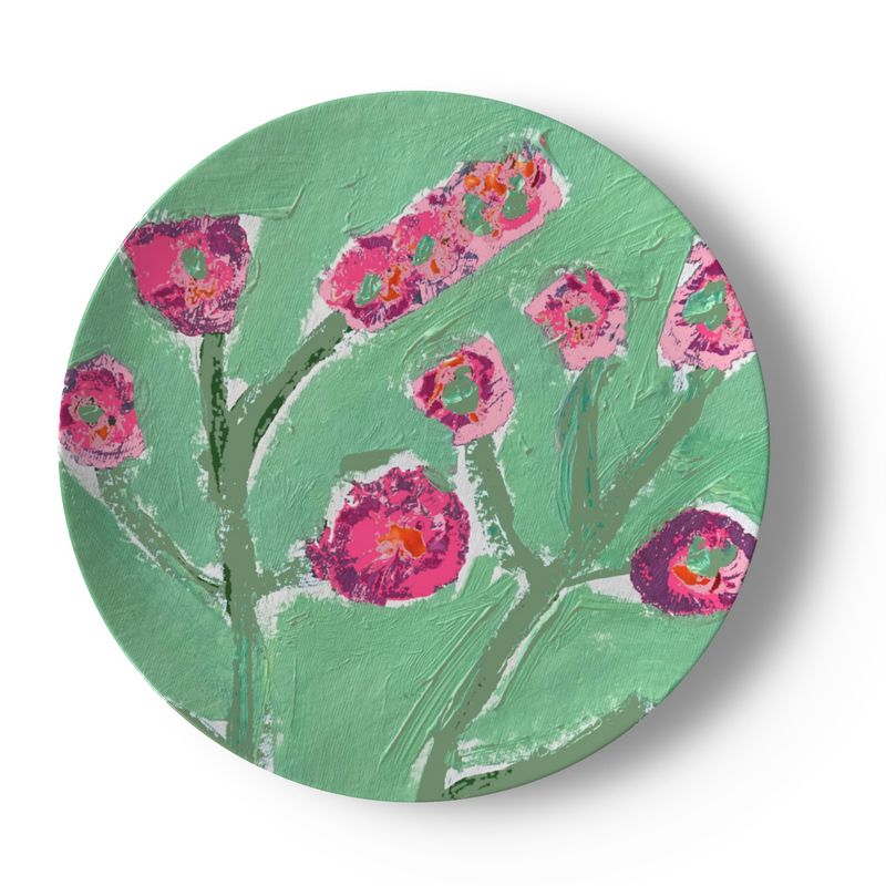 Hot Pink Hibiscus China Plate with green abstract background, ceramic dinner plate on Tampa Home & Garden Store