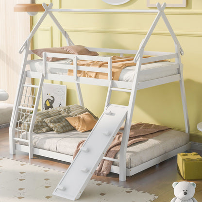 Twin Over Queen House Bunk Bed by HouseOfZazla in white finish with climbing nets and ramp on Tampa Home & Garden Store