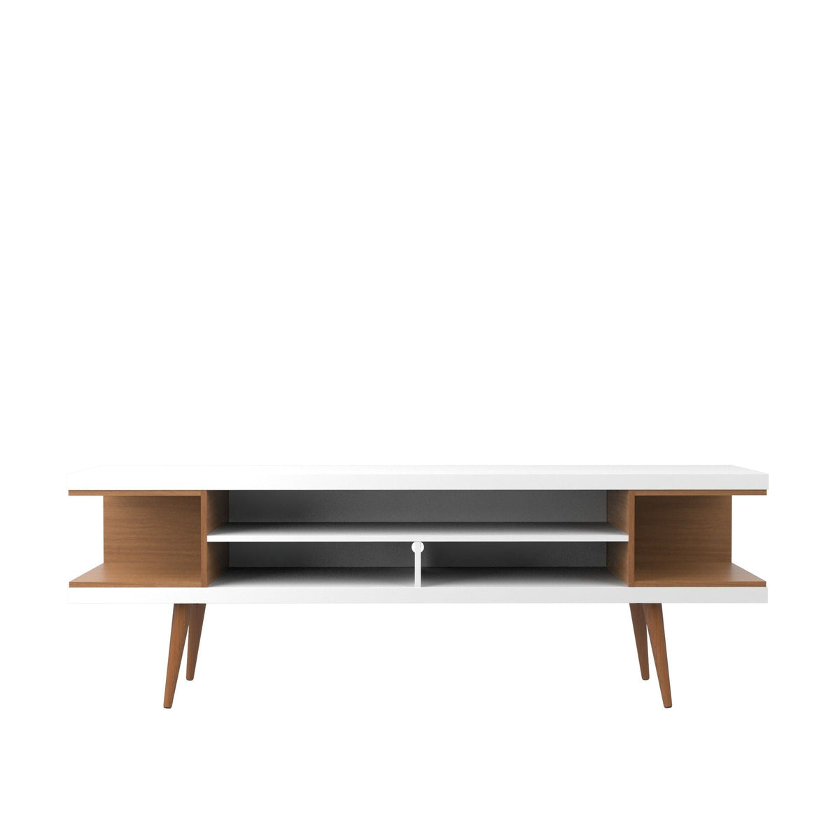 Mid-Century Modern TV Stand adjustable storage, white top, wood legs on Tampa Home & Garden Store