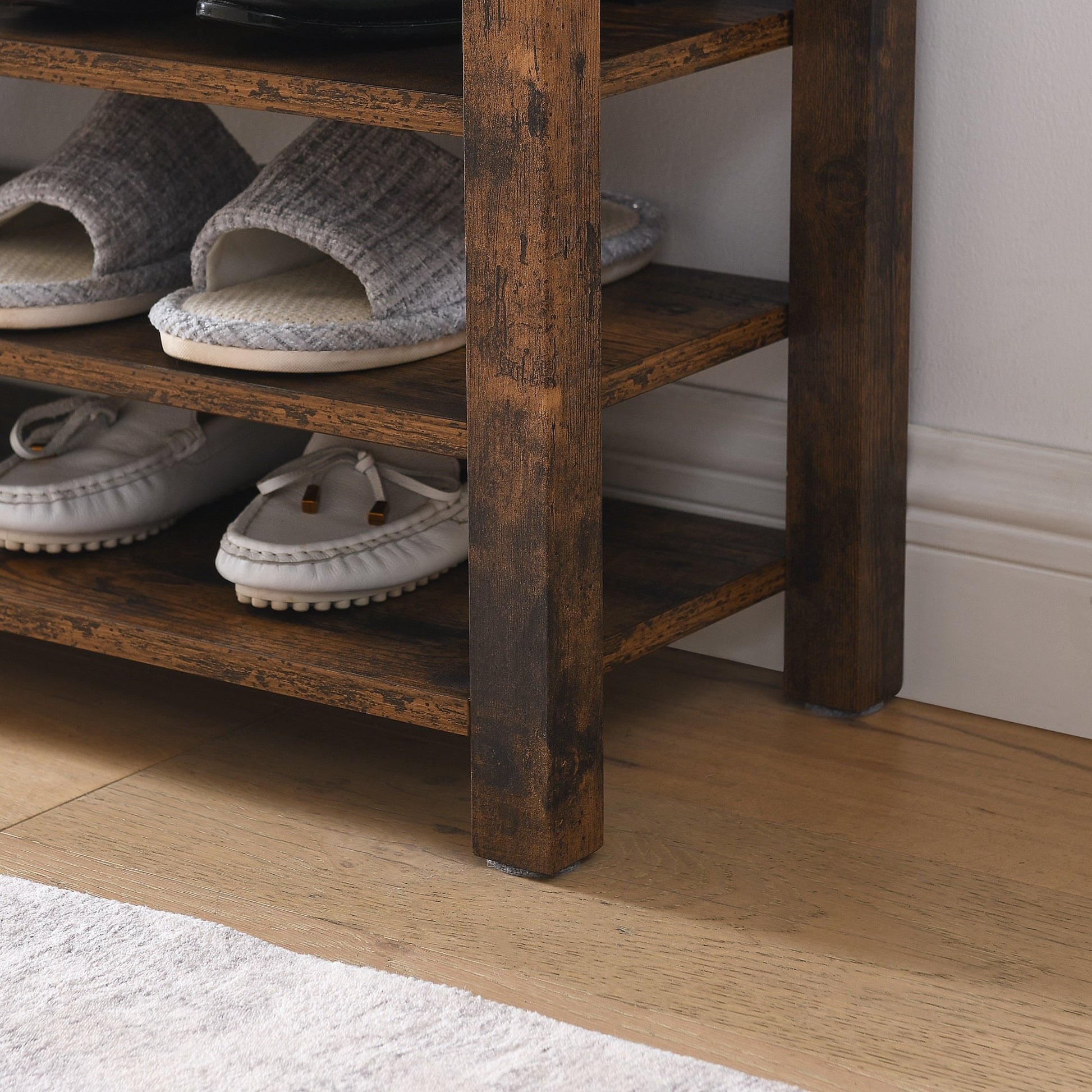 Height-Adjustable Shoe-Changing Bench brown wood with two shelves and slippers HouseOfZazla on Tampa Home & Garden Store