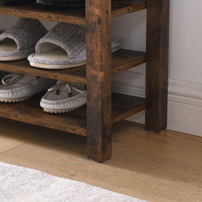 Height-Adjustable Shoe-Changing Bench brown wood with two shelves and slippers HouseOfZazla on Tampa Home & Garden Store