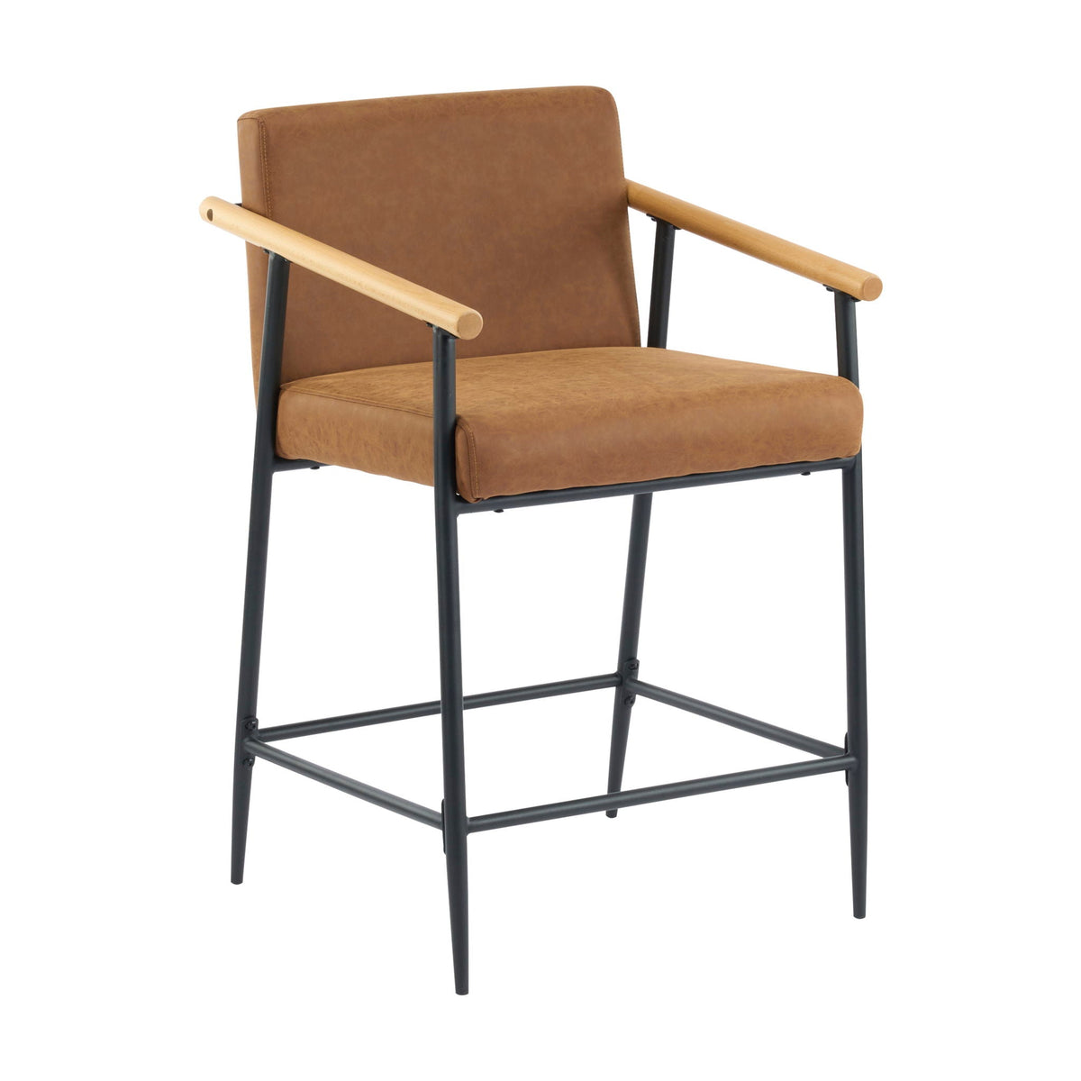 Mid Century Modern counter stool with tan leather upholstery, light wood armrests, black iron frame on Tampa Home & Garden Store