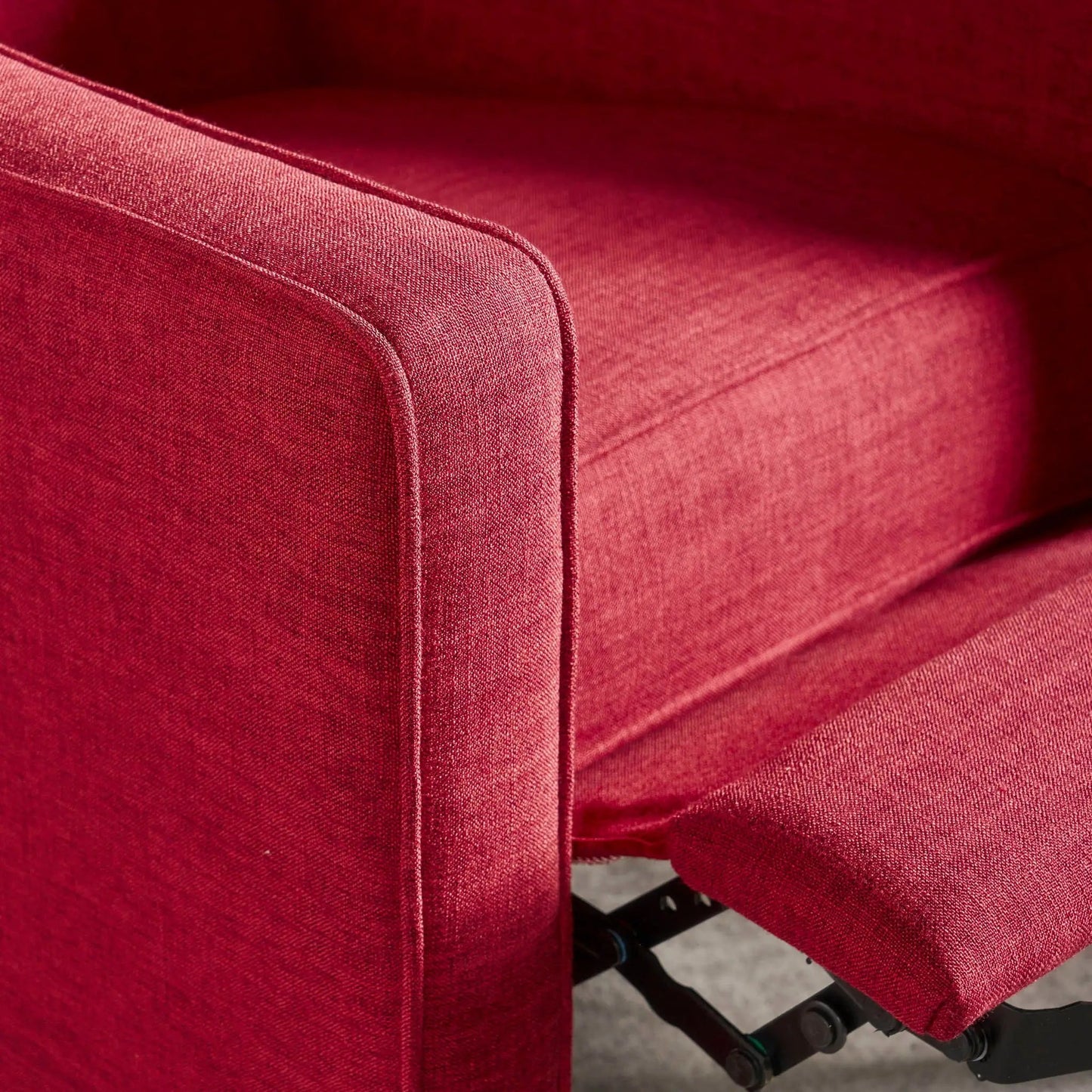 Mid-Century Modern Recliner red upholstery close-up of arm with exposed reclining mechanism on Tampa Home & Garden Store