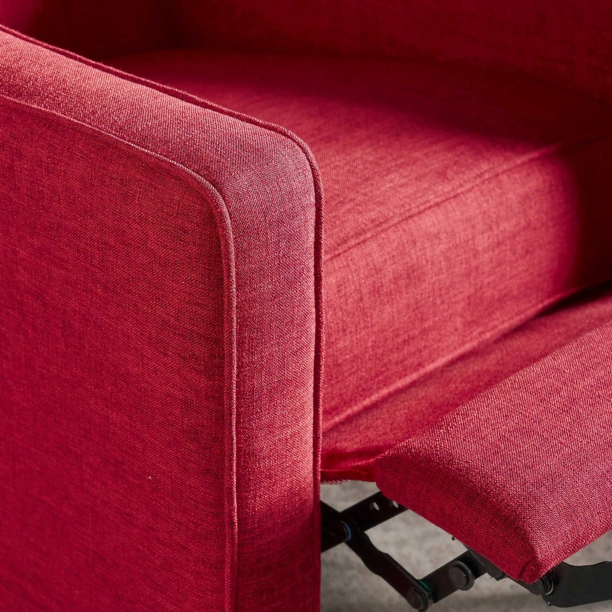 Mid-Century Modern Recliner red upholstery close-up of arm with exposed reclining mechanism on Tampa Home & Garden Store