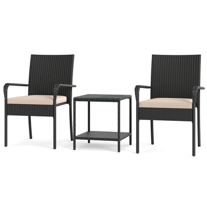 3 Piece Patio Furniture Set with Seat Cushions and Tempered Glass Tabletop