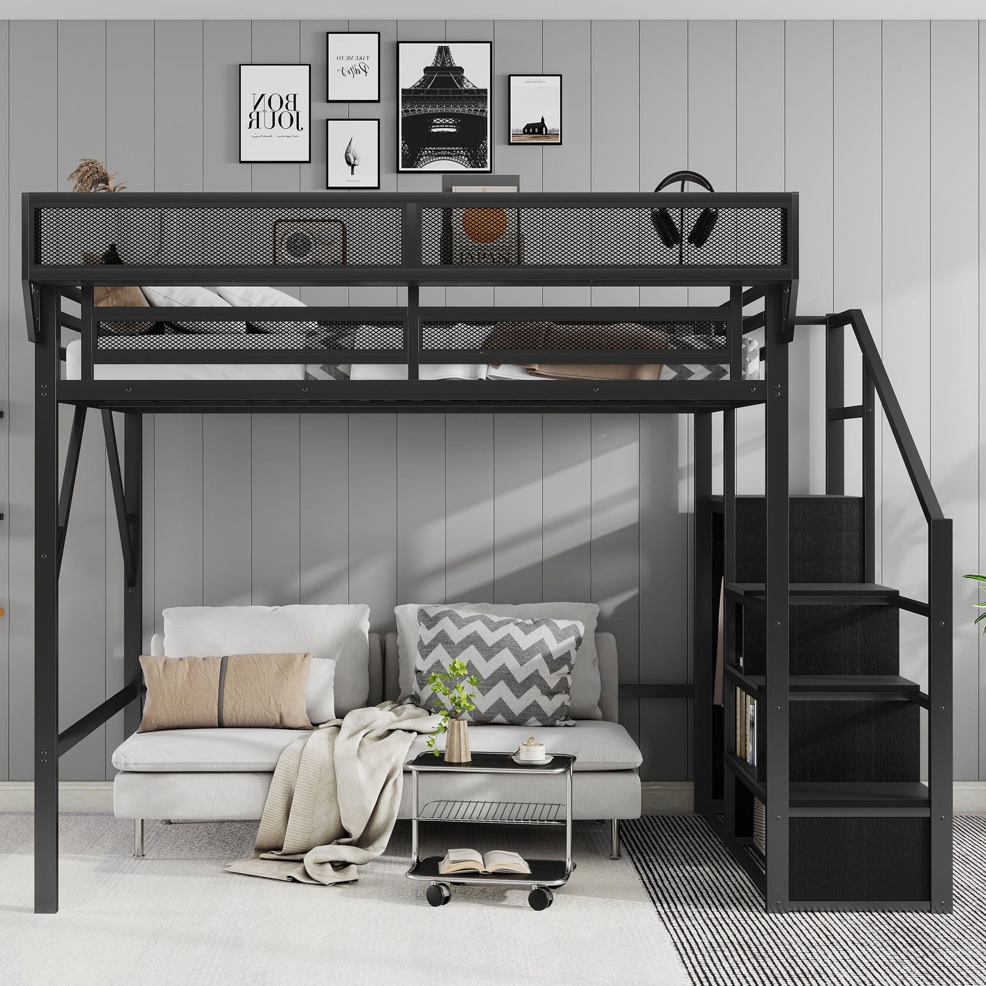 Queen Size Loft Bed With Stairs, Storage Shelves, Wardrobe in black metal by HouseOfZazla on Tampa Home & Garden Store