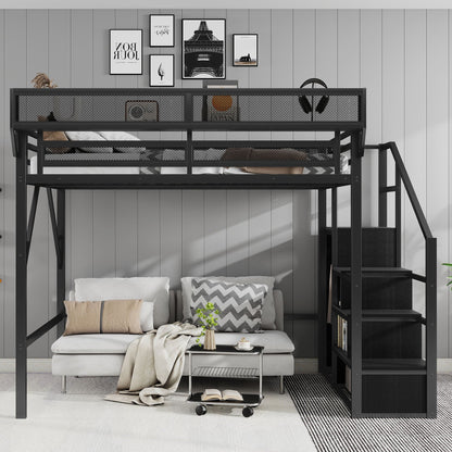 Queen Size Loft Bed With Stairs, Storage Shelves, Wardrobe in black metal by HouseOfZazla on Tampa Home & Garden Store