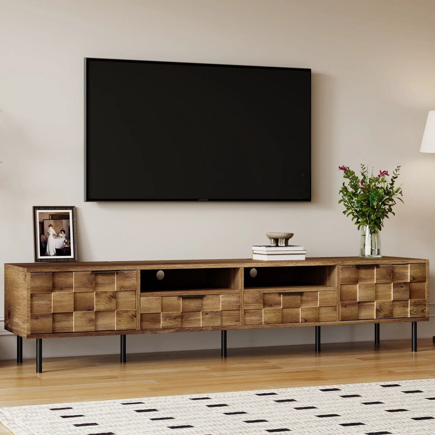 TV Stand with 2 Drawers and Cabinets Mid Century