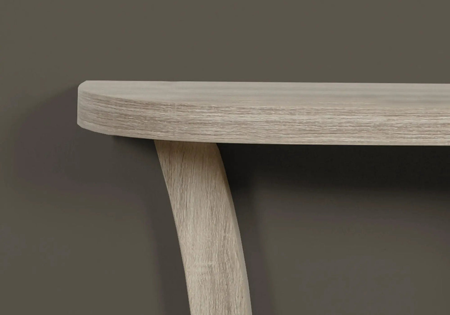 Accent Console Table for Entryway in Taupe wood finish with rounded top and angled leg detail on Tampa Home & Garden Store