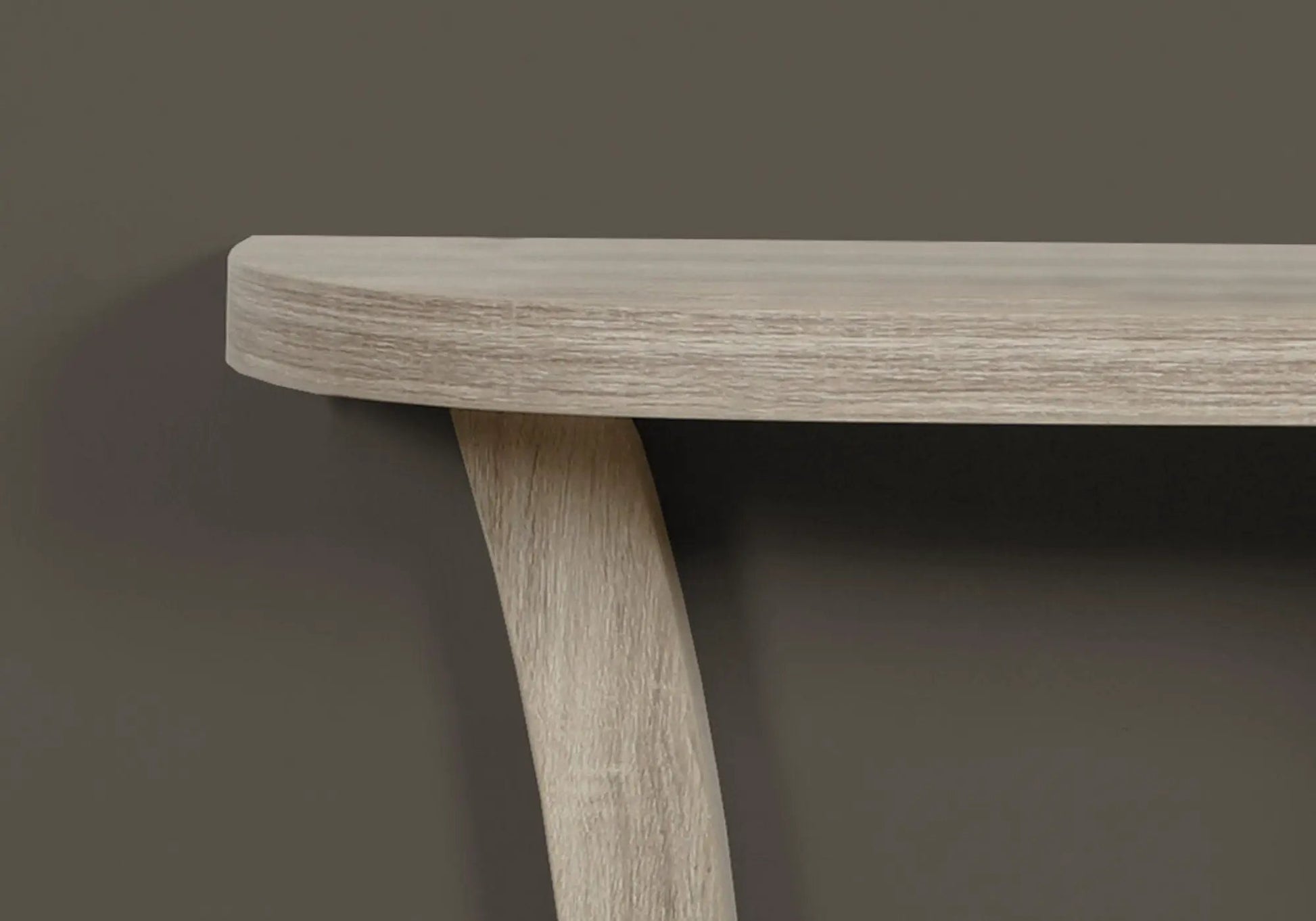 Accent Console Table for Entryway in Taupe wood finish with rounded top and angled leg detail on Tampa Home & Garden Store