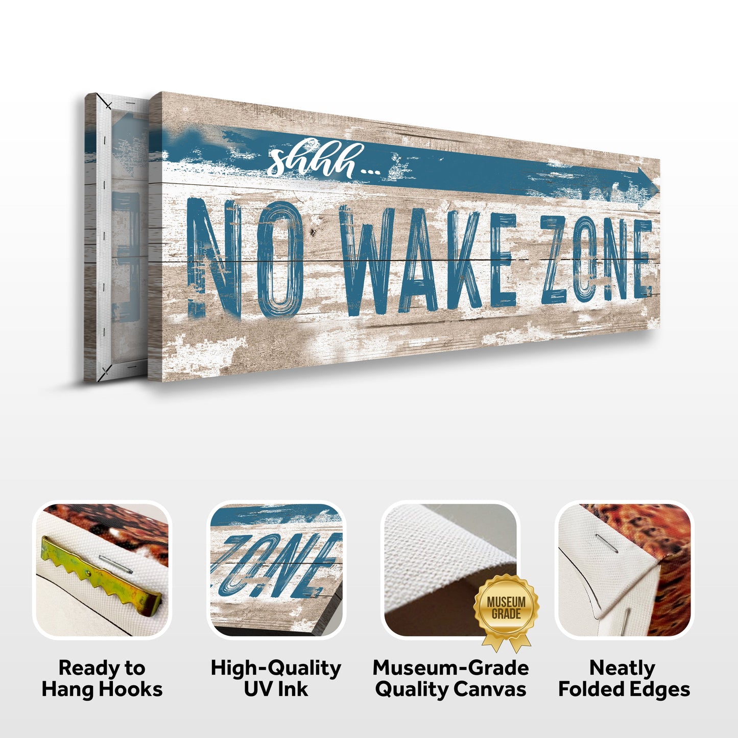 Tailored Canvases No Wake Zone XIV canvas with distressed wood background and blue type on Tampa Home & Garden Store