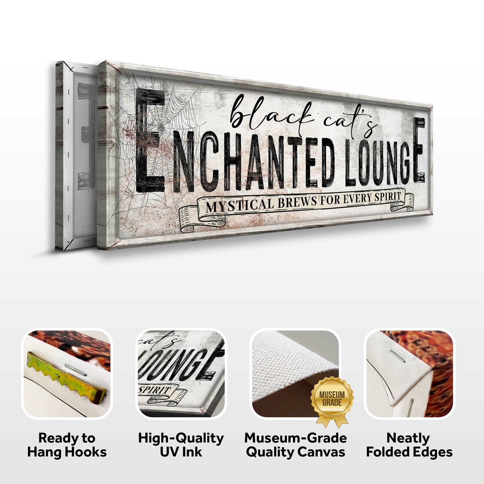 Black Cat's Enchanted Lounge Halloween Sign III canvas with vintage look and spider webs on Tampa Home & Garden Store