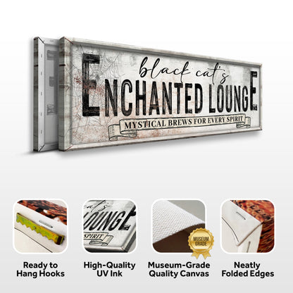 Black Cat's Enchanted Lounge Halloween Sign III canvas with vintage look and spider webs on Tampa Home & Garden Store