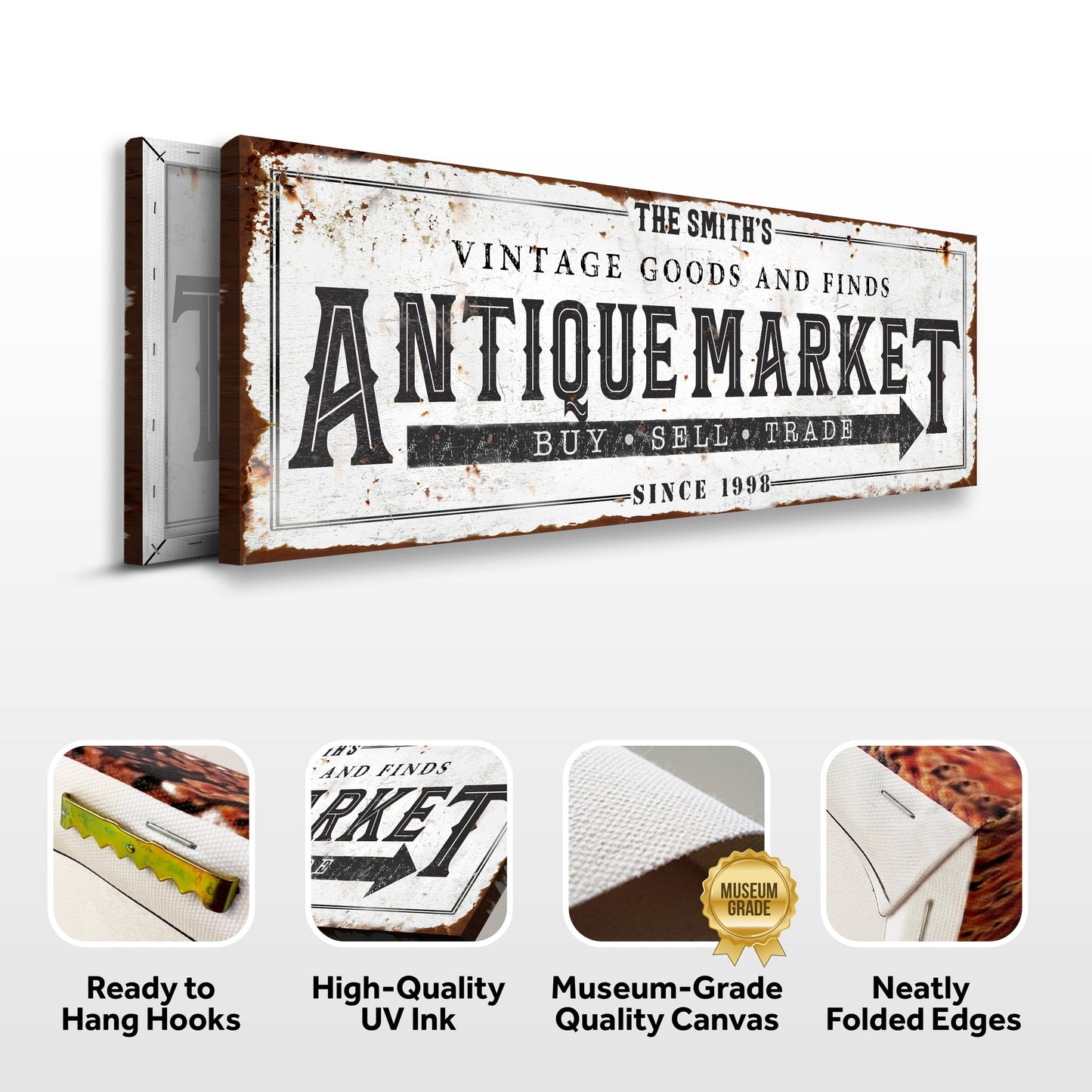 Vintage Antique Market Sign crafting canvas by Tailored Canvases, rustic with rusted edges on Tampa Home & Garden Store