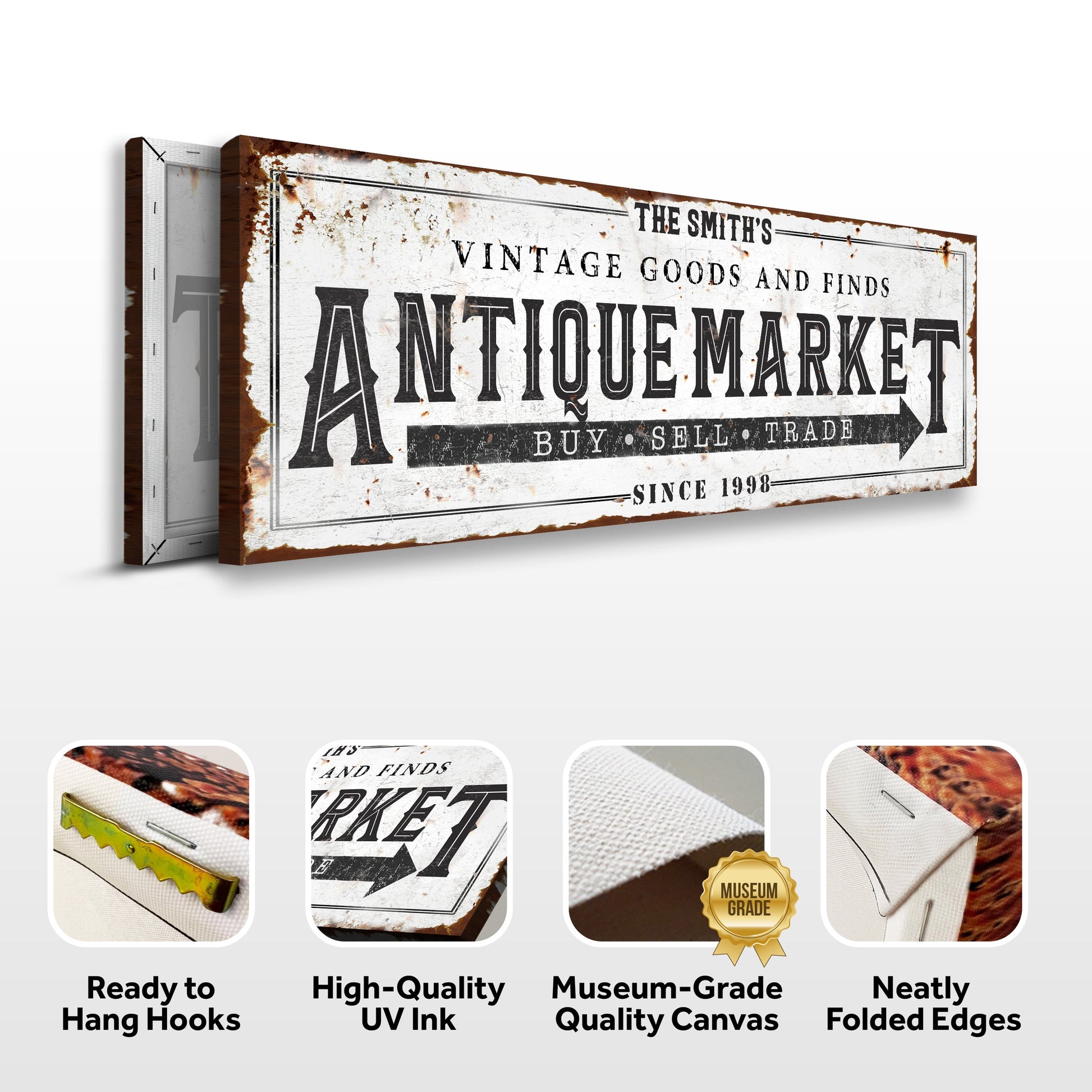 Vintage Antique Market Sign crafting canvas by Tailored Canvases, rustic with rusted edges on Tampa Home & Garden Store