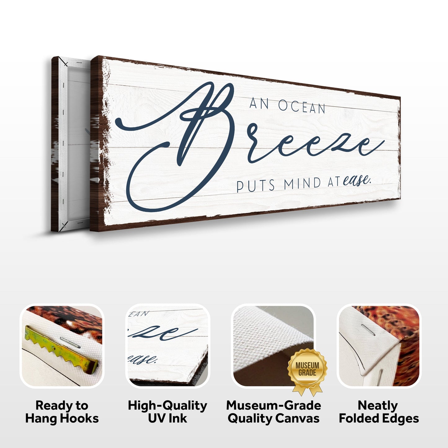 Canvas wall art sign An Ocean Breeze in navy script on whitewashed wood Tailored Canvases on Tampa Home & Garden Store
