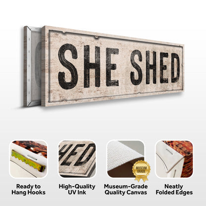 She Shed V canvas crafting sign by Tailored Canvases, weathered beige texture on Tampa Home & Garden Store