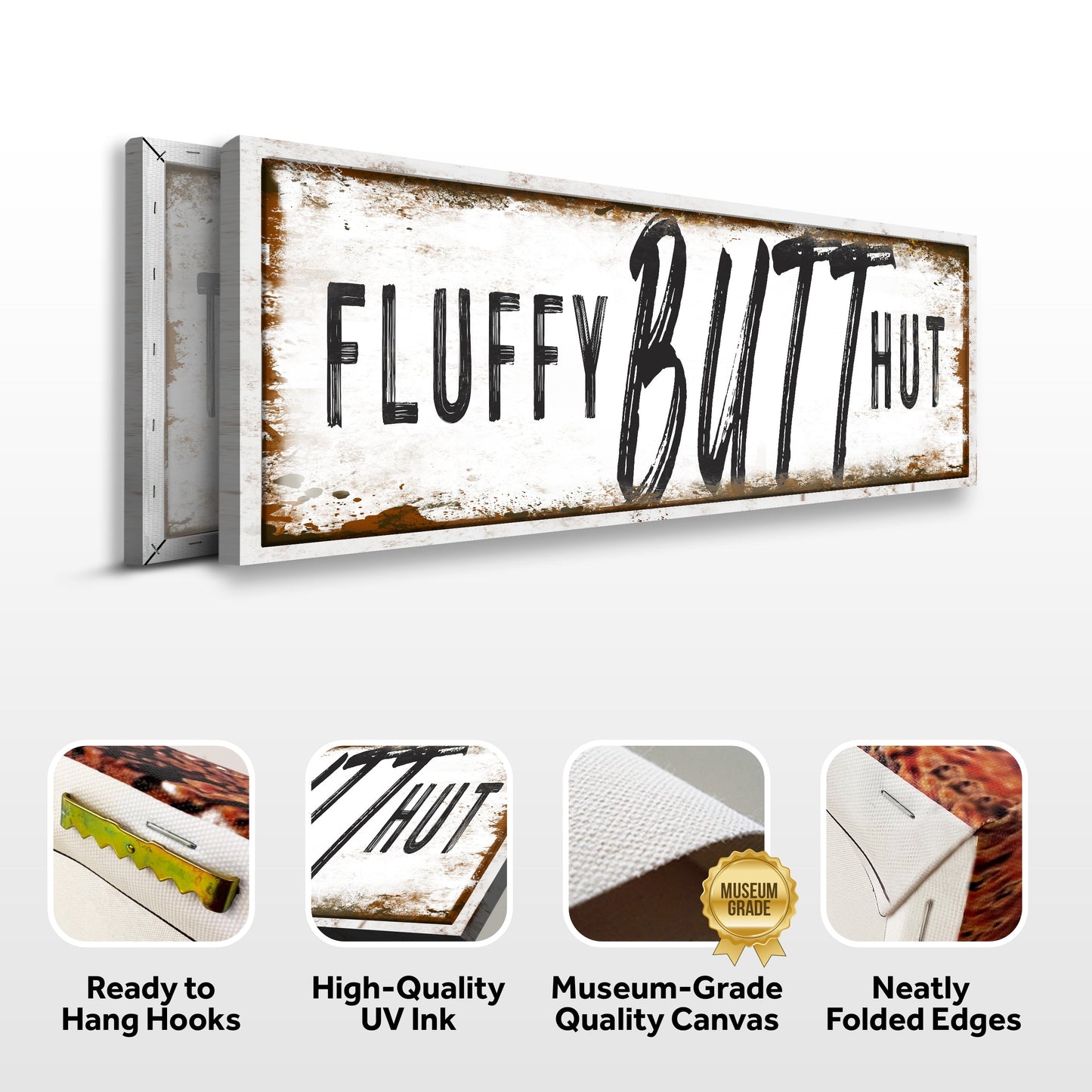 Canvas sign Fluffy Butt Hut Chicken Coop with distressed white rustic frame on Tampa Home & Garden Store