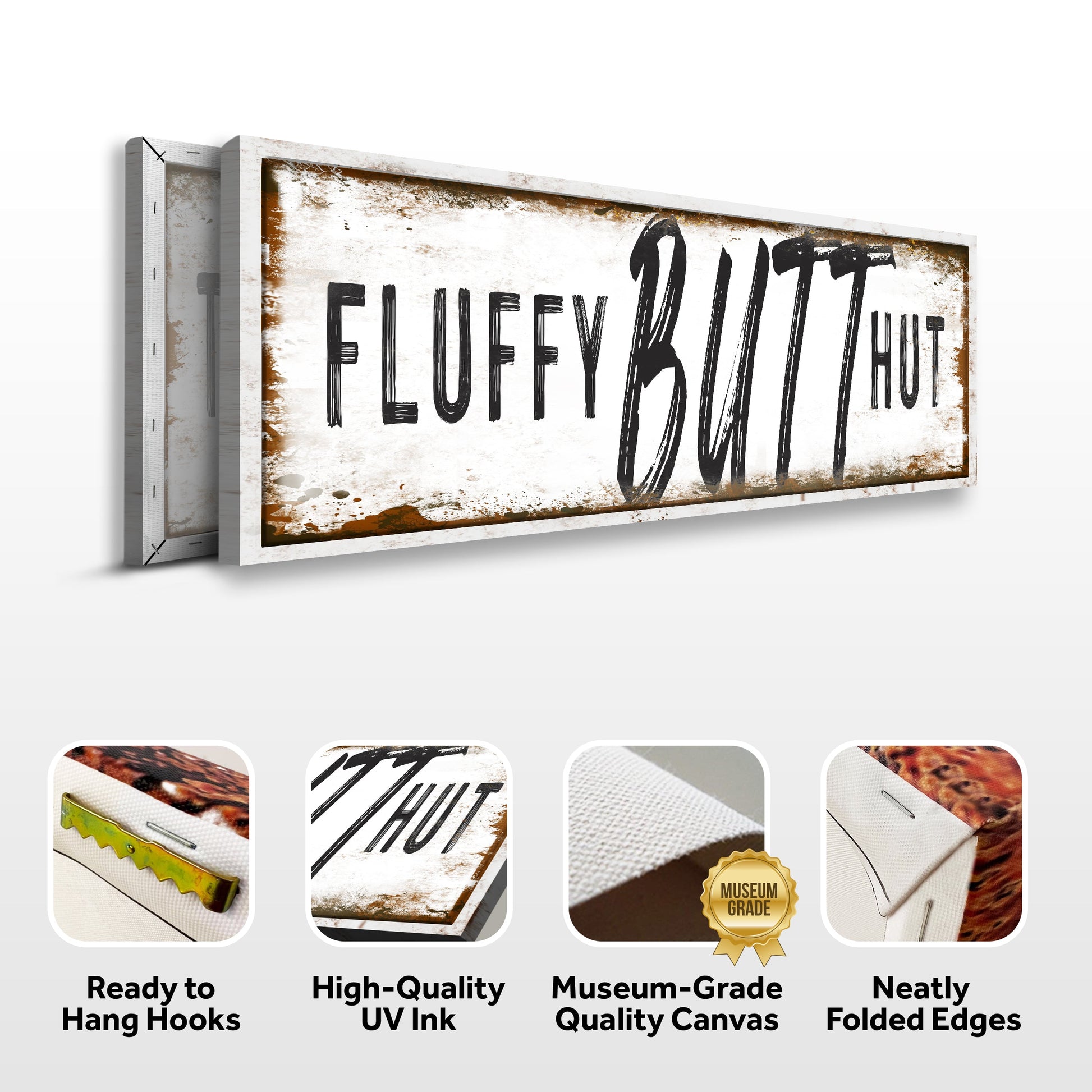 Canvas sign Fluffy Butt Hut Chicken Coop with distressed white rustic frame on Tampa Home & Garden Store