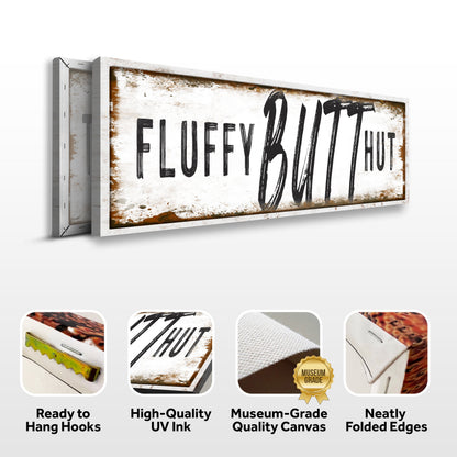 Canvas sign Fluffy Butt Hut Chicken Coop with distressed white rustic frame on Tampa Home & Garden Store