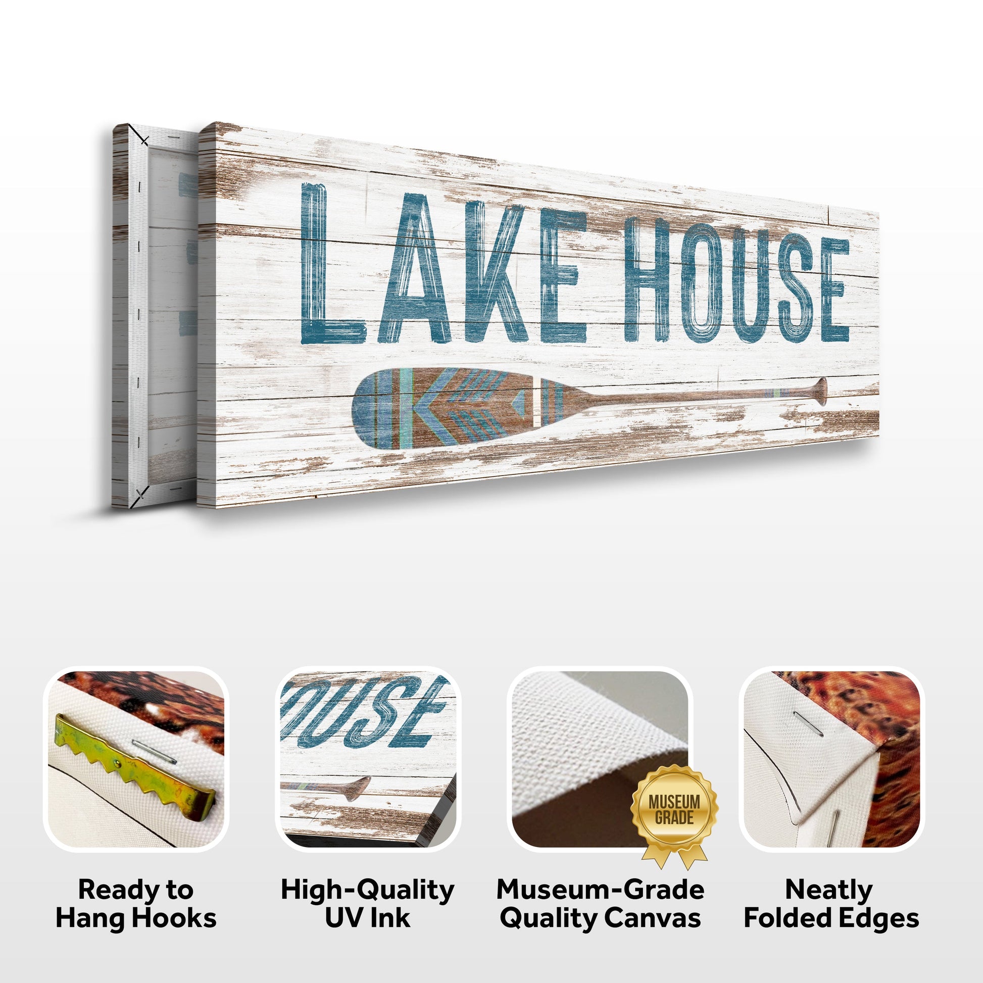 Lake House Coastal Sign II canvas by Tailored Canvases, distressed white wood with blue lettering on Tampa Home & Garden Store