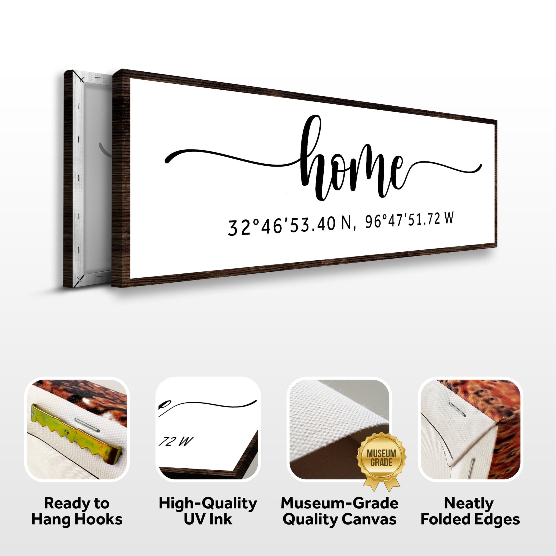 Family Home Coordinates Sign canvas on dark wood frame 32°46'53.40N, 96°47'51.72W on Tampa Home & Garden Store