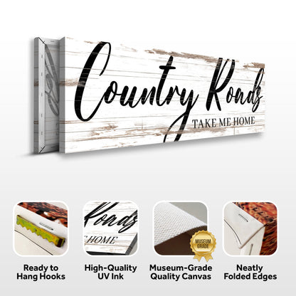 Country Roads Take Me Home Sign II Canvas by Tailored Canvases, rustic wood panel texture on Tampa Home & Garden Store