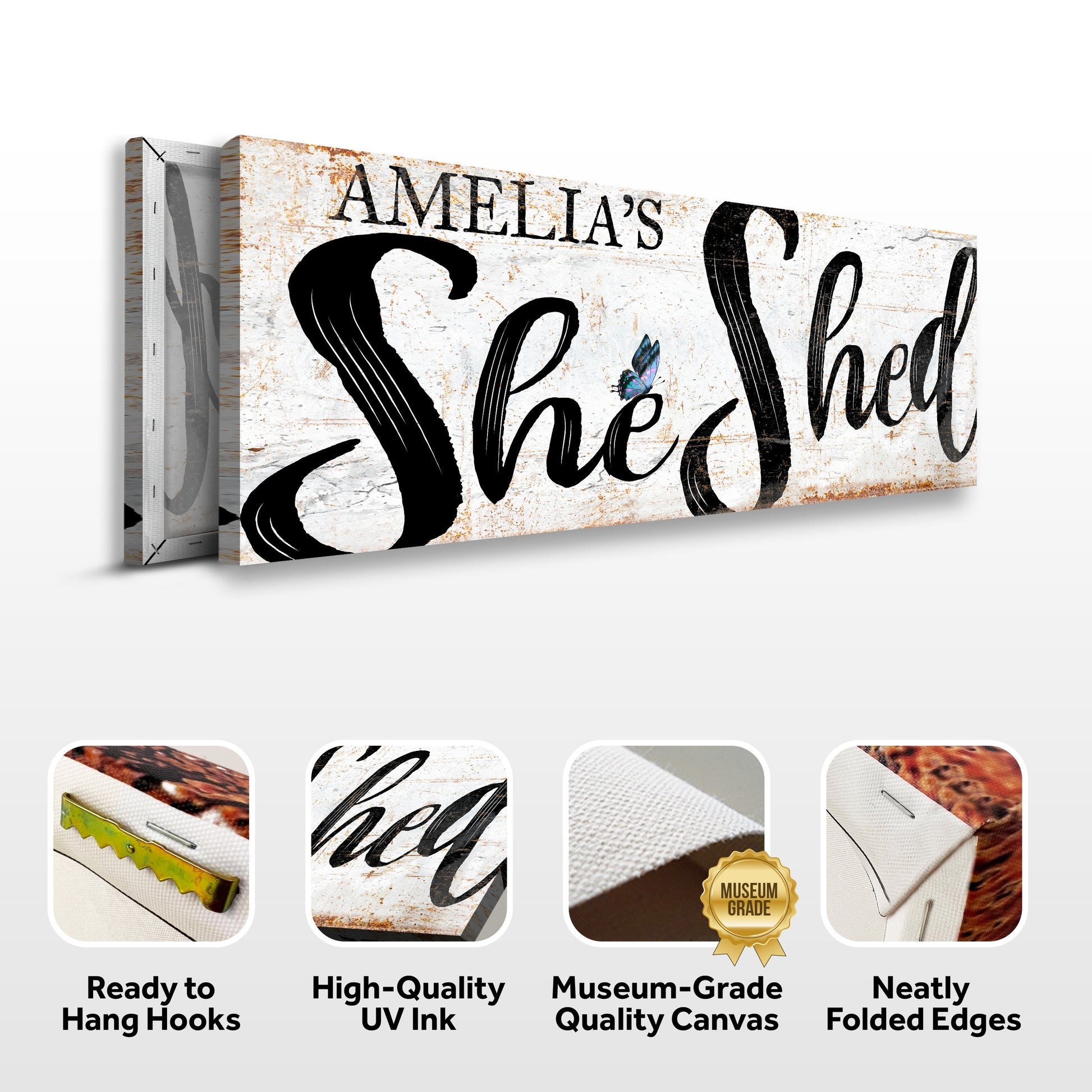 Personalized She Shed Sign VIII canvas rustic wood script Tailored Canvases on Tampa Home & Garden Store
