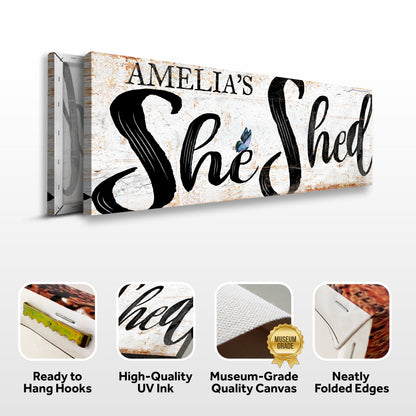 Personalized She Shed Sign VIII canvas rustic wood script Tailored Canvases on Tampa Home & Garden Store