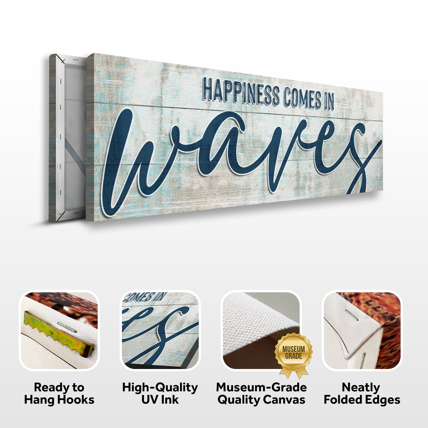 Happiness Comes In Waves Beach Sign canvas by Tailored Canvases on weathered blue wood on Tampa Home & Garden Store