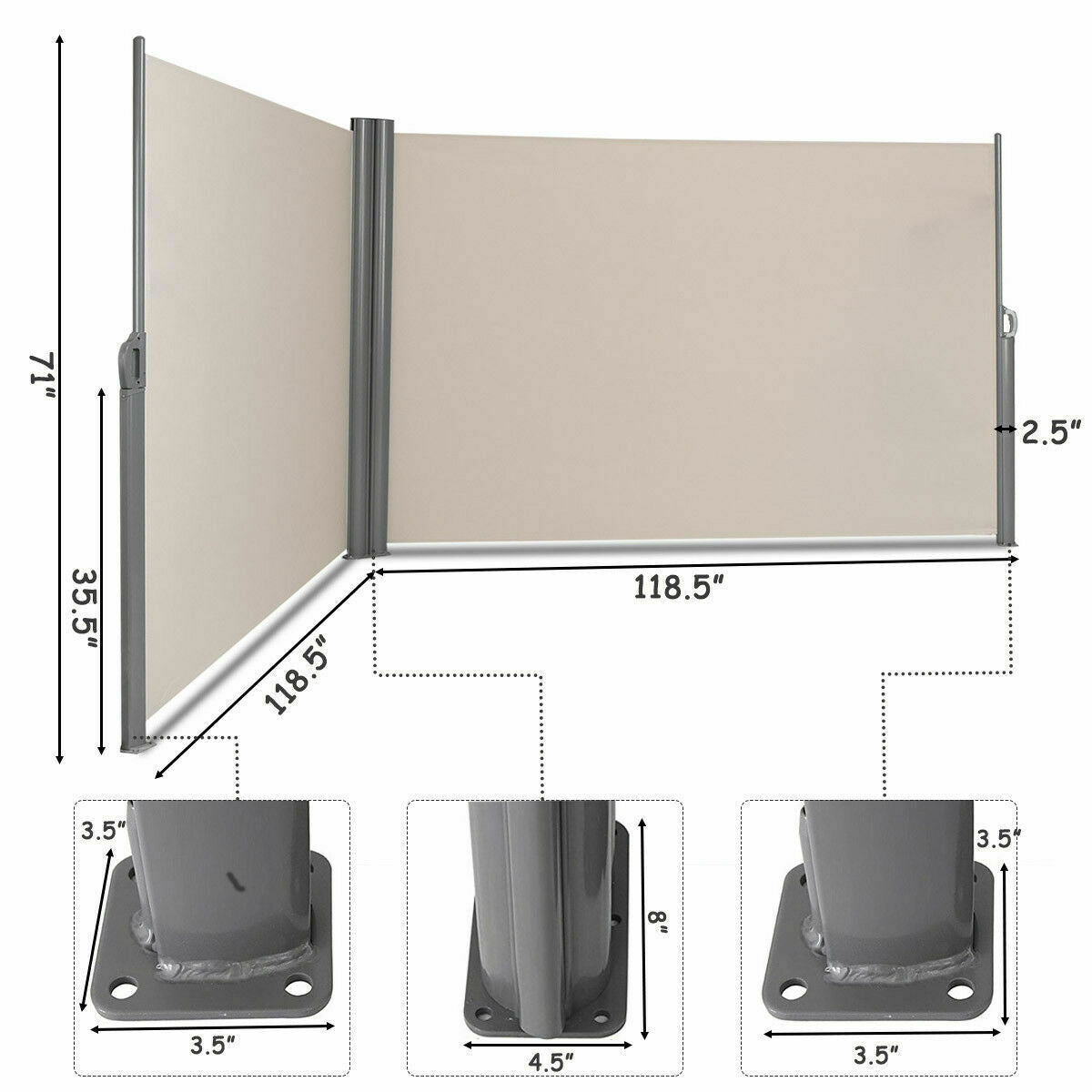 237 x 71 Inch Patio Retractable Double Folding Side Awning Screen Divider - Tampa Home & Garden Store