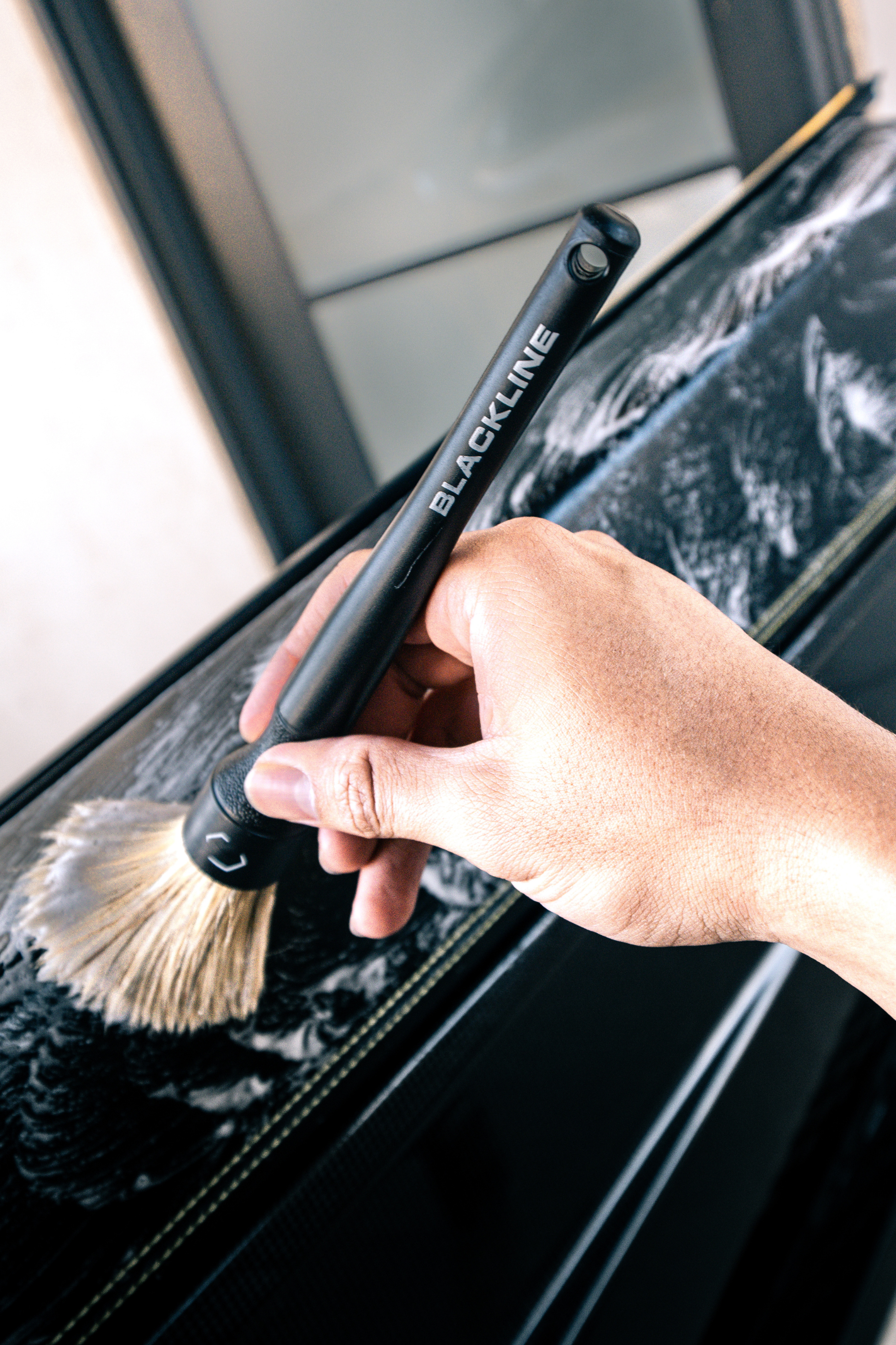 Blackline Boar's Hair Brush set, black handle brush with logo, cleaning car window on Tampa Home & Garden Store