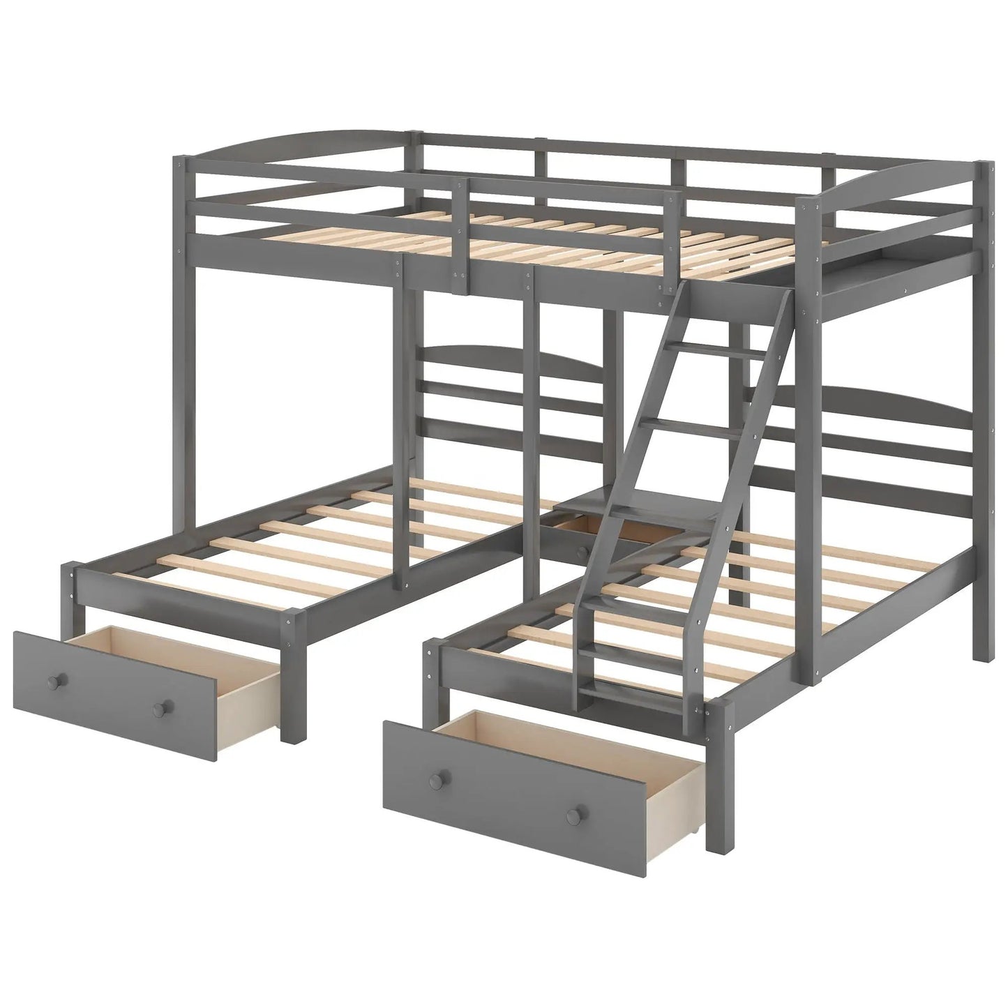 Gray Full Over Twin and Twin Bunk With Drawers