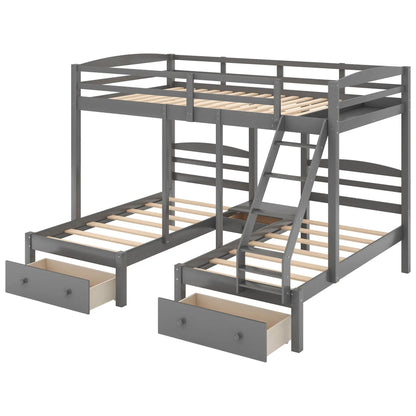 Gray Full Over Twin and Twin Bunk With Drawers