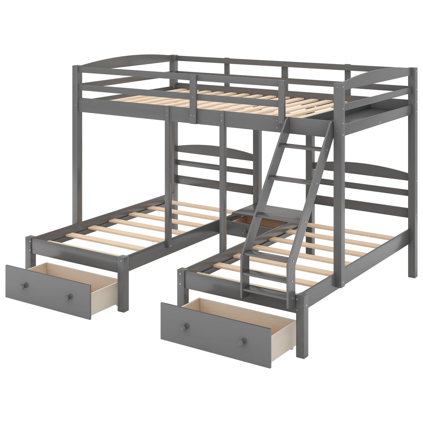 HouseOfZazla gray full-over-twin and twin triple bunk bed with built-in under-bed drawers on Tampa Home & Garden Store