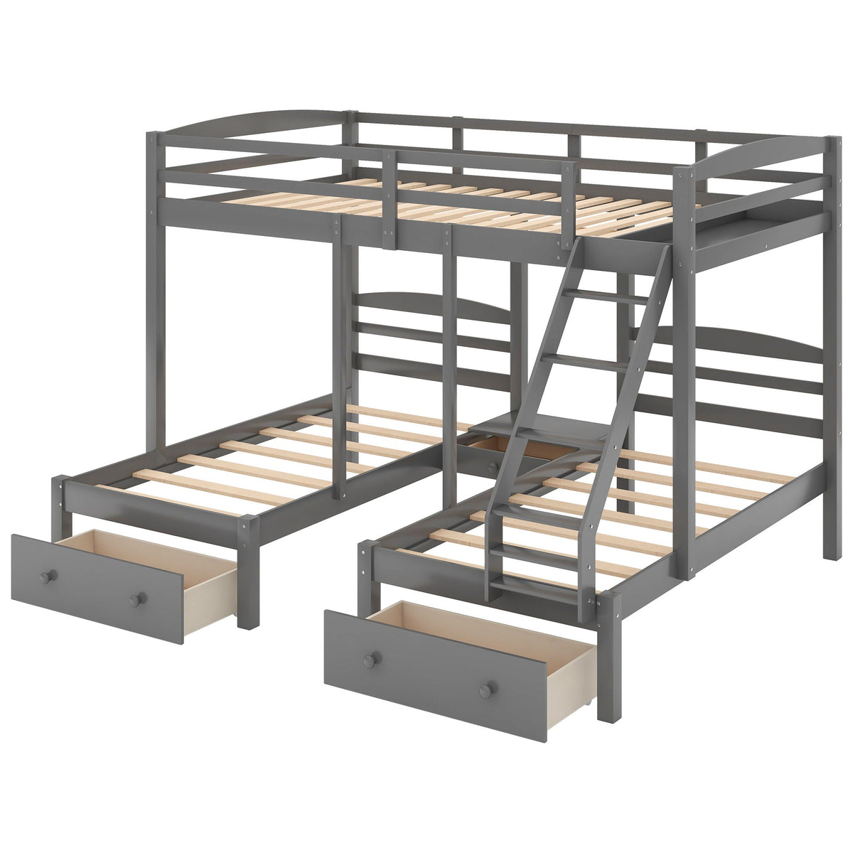 HouseOfZazla gray full-over-twin and twin triple bunk bed with built-in under-bed drawers on Tampa Home & Garden Store
