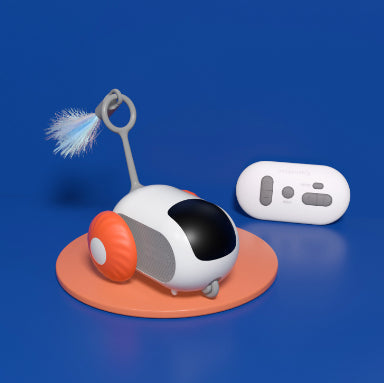 Remote control interactive cat car toy with feather teaser on orange base and white remote on Tampa Home & Garden Store
