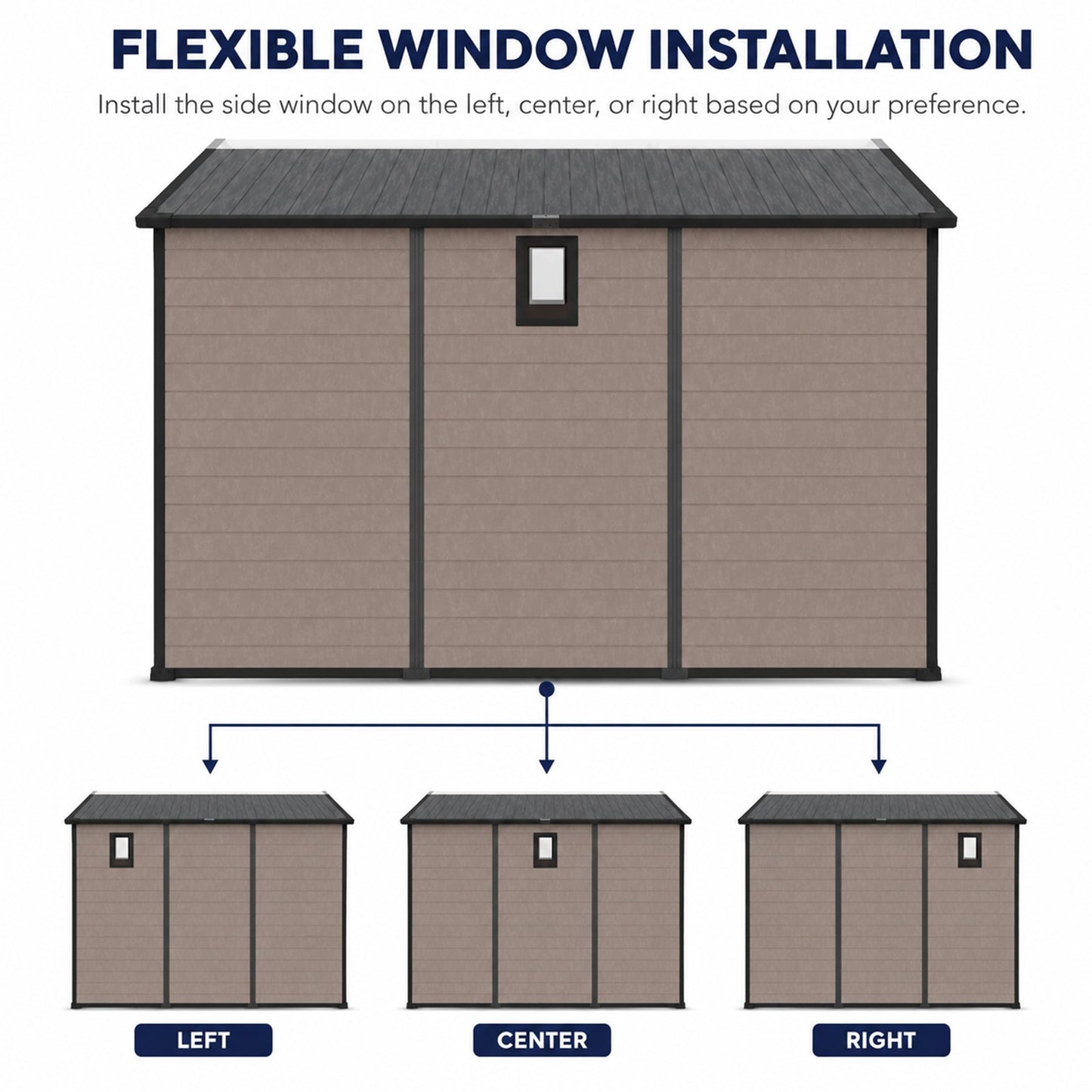 8x10 ft plastic storage shed tan with black trim and small front window on Tampa Home & Garden Store