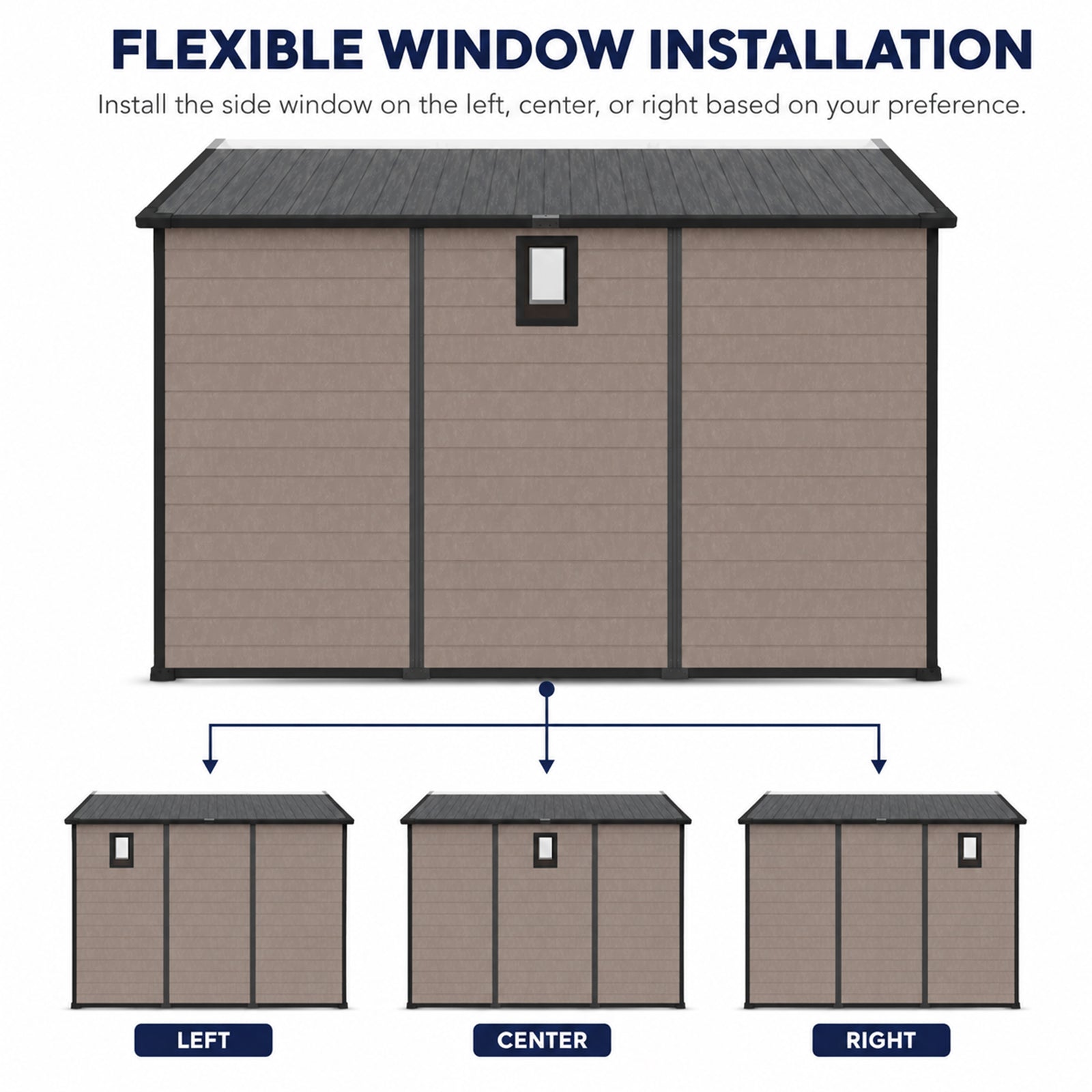 8x10 ft plastic storage shed tan with black trim and small front window on Tampa Home & Garden Store