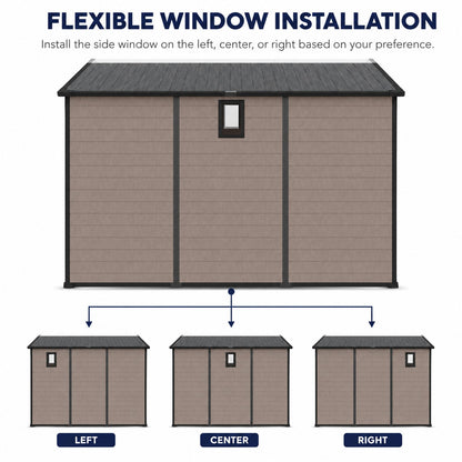 8x10 ft plastic storage shed tan with black trim and small front window on Tampa Home & Garden Store
