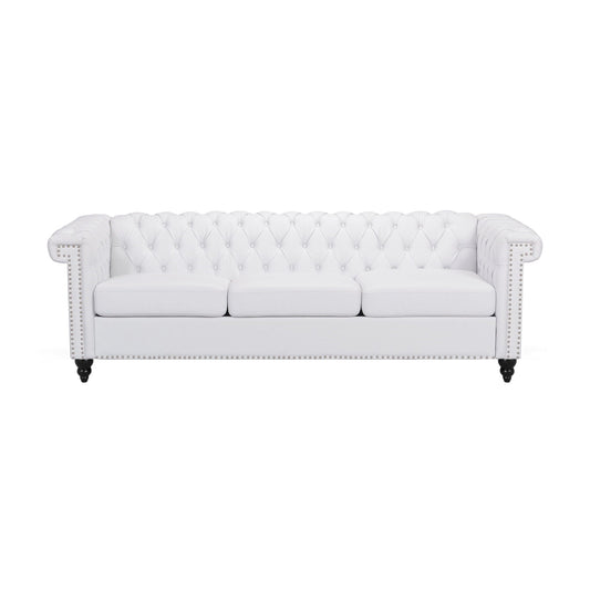 White Chesterfield style 3-seat sofa with deep button tufting and nailhead trim on Tampa Home & Garden Store